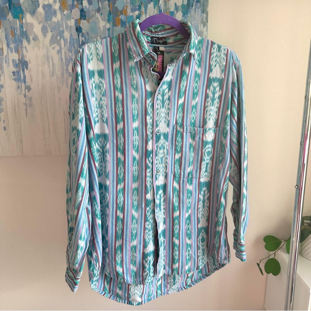 Mens Vintage Teal and Pink Striped Western Style Shirt (L)